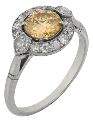 Early 20th Century Art Deco Style Fancy Yellow Brown Diamond Platinum Engagement Ring, Size 6.5