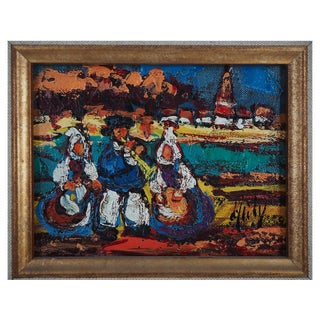 Henry Maurice d'Anty, Breton Women and Musician, Oil on Canvas For Sale
