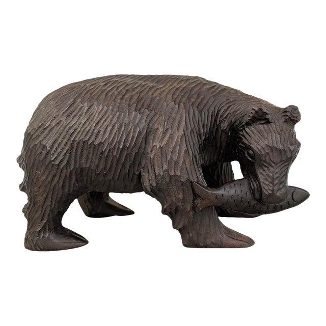 Wooden, Hand- Carved Bear Catching a Fish, Vintage For Sale