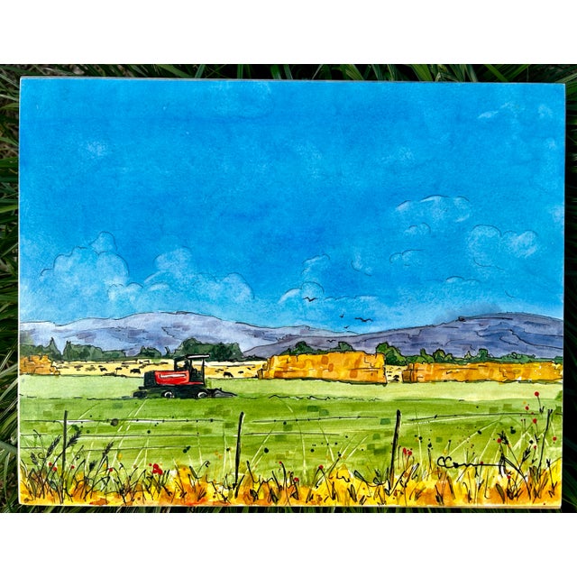 Original Watercolor Painting on Birch Board Rural Farm Scene For Sale - Image 6 of 8