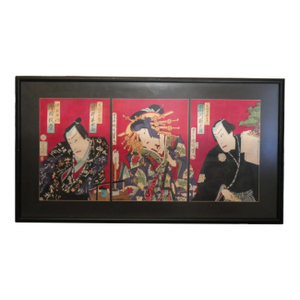 Late 19th Century Japanese Toyohara Kunichika "Actors in Role of the Suikoden" Framed Set of 3 Triptych Ukiyo-E Woodblock Prints