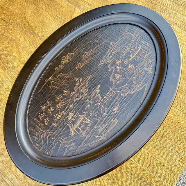 Wood Ethan Allen Black Chinoiserie Oval Tray Table For Sale - Image 7 of 11