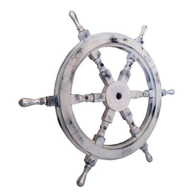 Traditional Antique Vintage Nautical Handcrafted White Wooden Ship Wheel With Aluminium Hub & Handle For Sale - Image 3 of 6