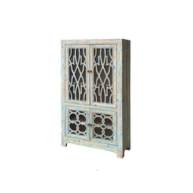 Shabby Chic Distressed Shabby Chic Pastel Blue Latticework Glass Door China Bookcase Cabinet For Sale - Image 3 of 10