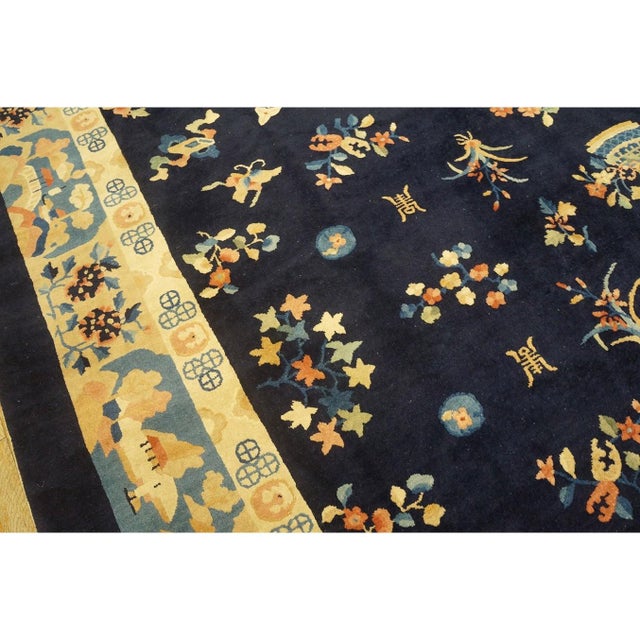 Navy Blue 1920s Blue Navy Floral Classic Antique Chinese Peking Carpet Knotted Wool Rug For Sale - Image 8 of 10