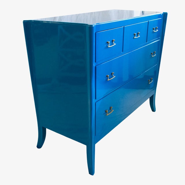 Very rare petite Brown Saltman Furniture Company for Cal-Mode chest, updated with a Laguna Blue lacquer. Brown Saltman...