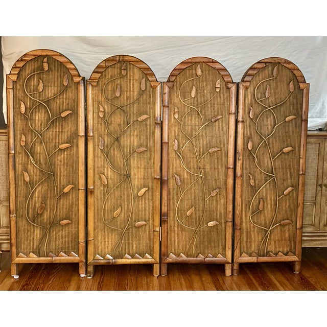 Mid 20th Century Vintage 4 Panel Bamboo Room Divider - 4 Feet Wide - Reversible For Sale - Image 5 of 8