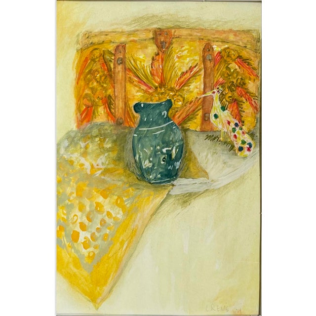 Original Watercolor still life filled with warm shades of color accented by a striking shade of blue. (on paper)