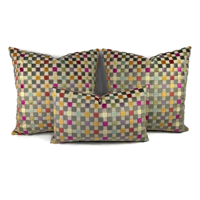 2020s Gp & J Baker Clarendon Small Check in Multi Lumbar Pillow Cover - Gray Velvet Checkerboard Rectangle Cushion Case For Sale - Image 5 of 5