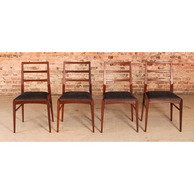 Set of 4 afromosia dining chairs by Richard Hornby for Heal's, circa 1960s. Newly reupholstered in premium slate grey...