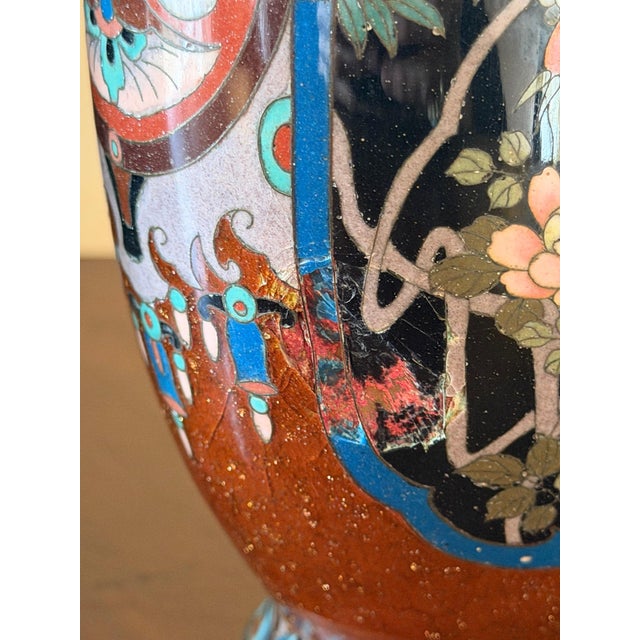 Metal Antique Meiji Period Japanese Cloisonné Enamel Vases With Bird & Floral Decoration - A Pair For Sale - Image 7 of 7