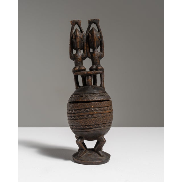 20th Century Dark Brown African Hand-Carved Lidded Vessel with Caryatid Figures For Sale - Image 13 of 15