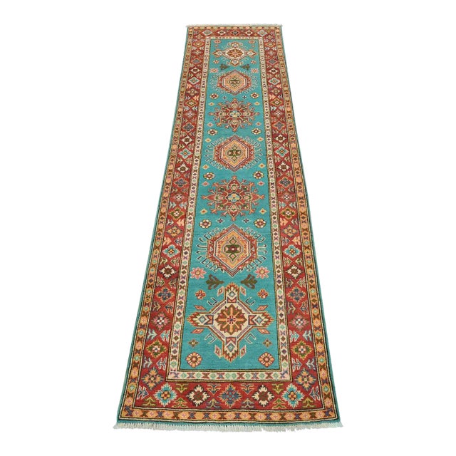 Kazak Runner 2’7” X 9’6” Blue Wool Tribal Hand-Knotted Oriental Rug For Sale