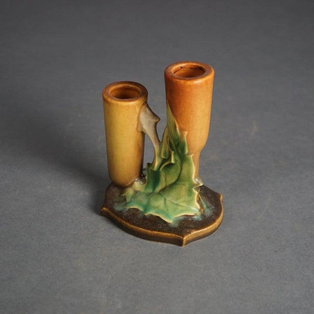 Roseville Pottery Roseville Art Pottery Brown Double Bud Vase With Thornapple Pattern C1937 For Sale - Image 4 of 8
