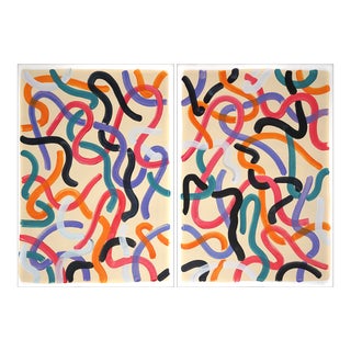 2022 "Festive Shapes on Cream" Abstract Diptych Acrylic Painting on Watercolor Paper by Natalia Roman - Set of 2