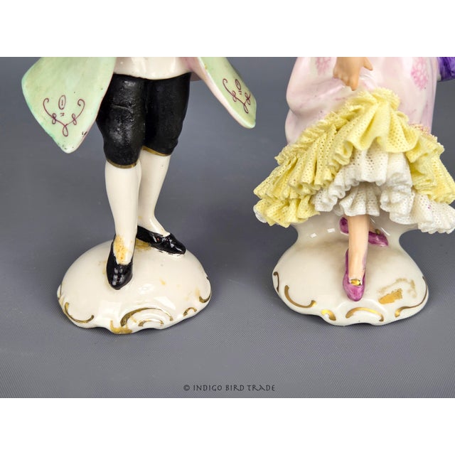 1930's Antique Fine Porcelain Dresden Couple Figurines Germany - Set of 2 For Sale In Greenville, SC - Image 6 of 10