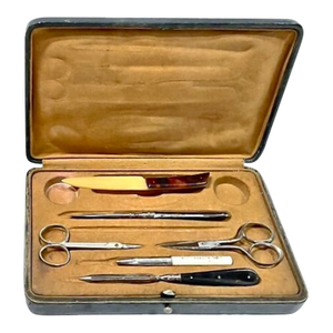 Antique Traveling Grooming Kit in Leather Case