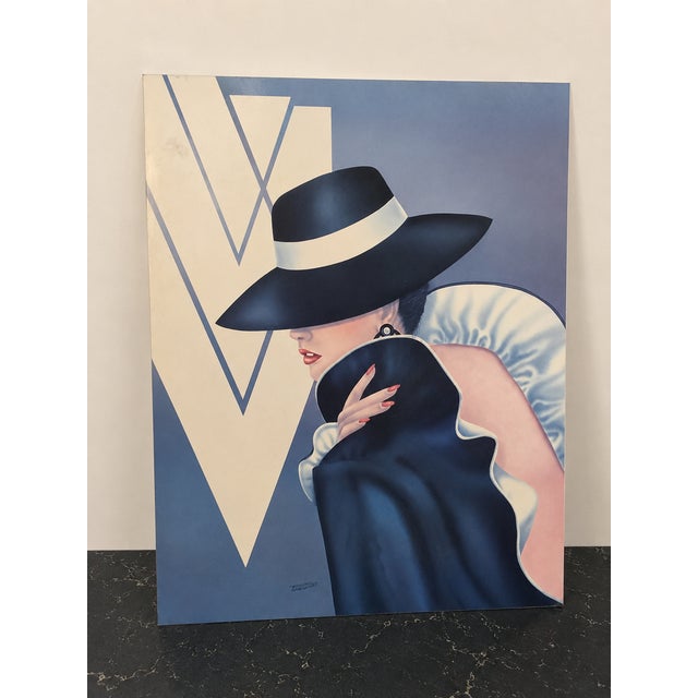 Vintage 1986 "Glam Girl" lithograph print by Ferraro, featuring a glamorous woman in an oversized black hat with red lips...