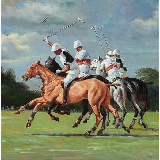T S LaFontaine (after) Expansive polo scene in oil on canvas c1980s Art Sz: 23 1/4"H x 35"W Frame Sz: 28 1/2"H x 40 1/2"W