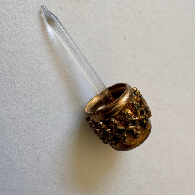 Vintage Art Deco Gilt Perfume Bottle Chatelaine Brooch With Original Glass Dauber Vanity Accessory For Sale - Image 10 of 10