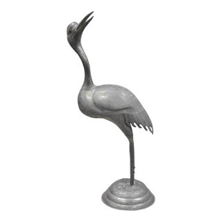 Vintage Hollywood Regency Pewter Metal 27" Crane Bird Garden Statue Hong Kong For Sale
