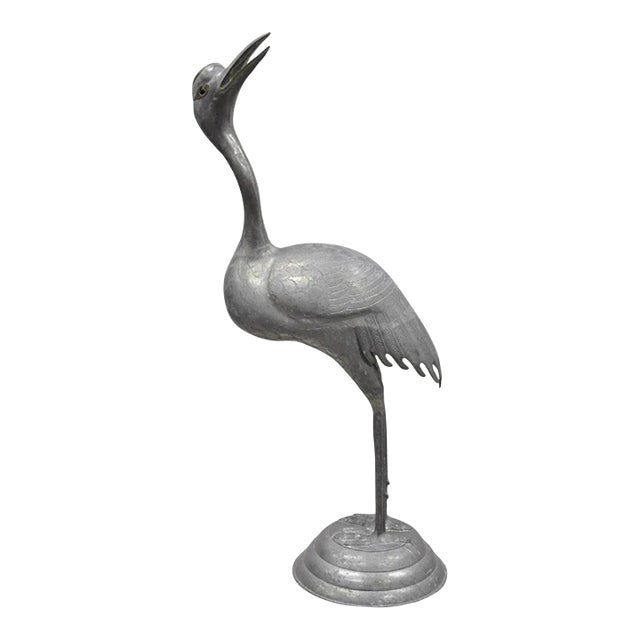 Vintage Hollywood Regency Pewter Metal 27" Crane Bird Garden Statue Hong Kong For Sale