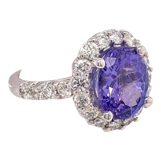 1990s Tanzanite Diamond Ring 14 Kt 5.30 TCW Certified, Size 5.25 For Sale