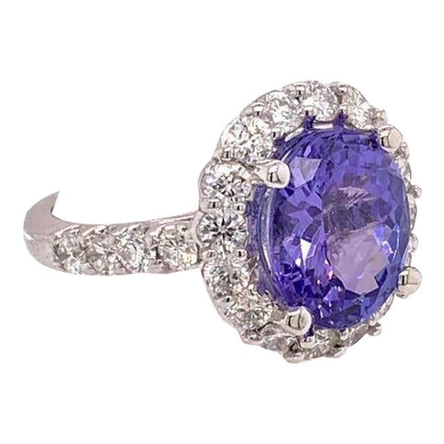 1990s Tanzanite Diamond Ring 14 Kt 5.30 TCW Certified, Size 5.25 For Sale