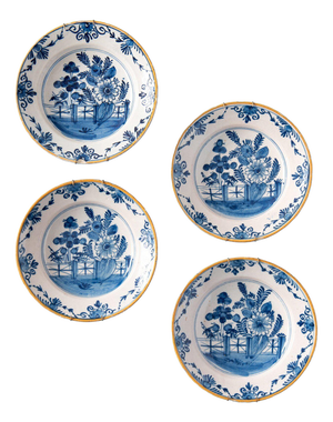 18th Century Dutch Delftware Blue and White Floral Plates, Set of 4