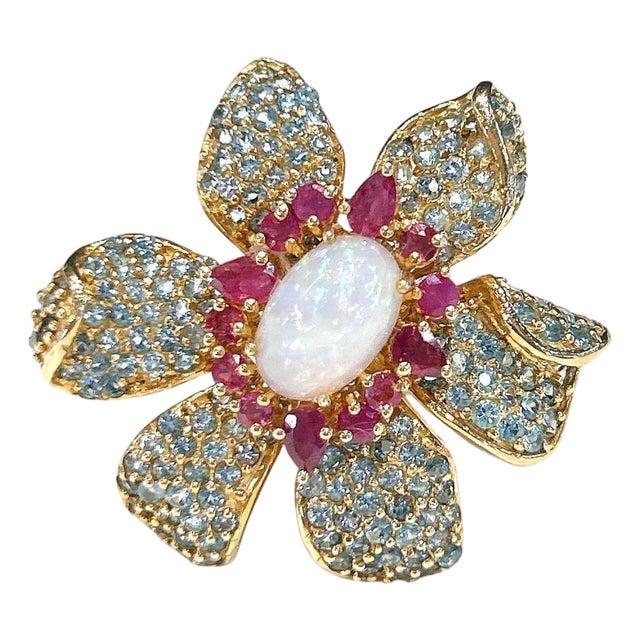 Bochic "Capri" Ruby, Fire Opal & Blue Topaz Flower Ring Set 18K Gold & Silver For Sale