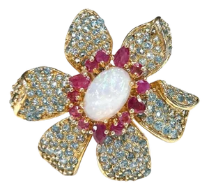 Bochic "Capri" Ruby, Fire Opal & Blue Topaz Flower Ring Set 18K Gold & Silver