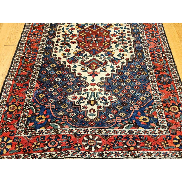 Vintage Bakhtiari Bibibaft Rug, Hand-Knotted Wool, Geometric Medallion Design, Vegetable Dyes, Navy & Red, 5x7 For Sale - Image 13 of 18