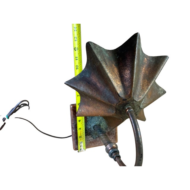 Arts & Crafts Antique Arts Crafts Copper Desk Lamp Clay Tile Base Ruffle Clam Shell Shade For Sale - Image 3 of 12