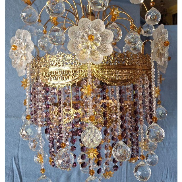 1960's Grand Hollywood Regency Austrian Cut Crystal Amethyst/ Spheres/ Amber Star Detailed Chandelier attributed to Palwa....