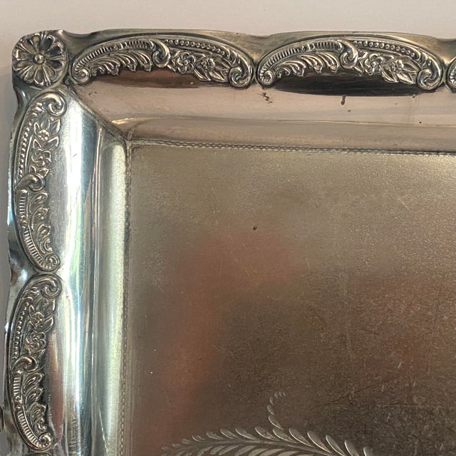 Metal Antique Ornate Silver Plated Tray by Aurora S. P. Mfg. Co. 1869-1919 For Sale - Image 7 of 16