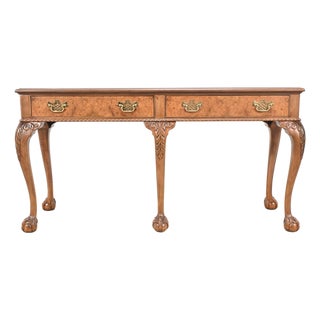Baker Furniture Chippendale Style Console Table in Banded Cherry With Burled Drawer Fronts For Sale