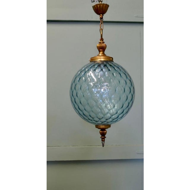 Large French Pale Blue Dimple Globe Pendant Light, 1960 For Sale - Image 4 of 7