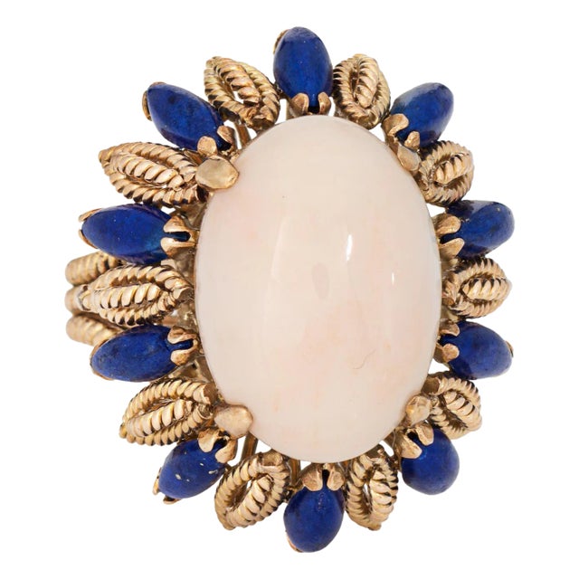 1960s Angel Skin Coral Lapis Lazuli Ring Vintage 14k Gold Cocktail Jewelry, Size 7.75 For Sale