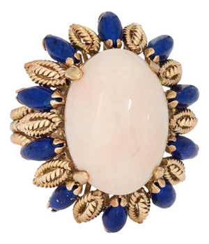 1960s Angel Skin Coral Lapis Lazuli Ring Vintage 14k Gold Cocktail Jewelry, Size 7.75