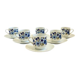 Mid Century Bavarian Porcelain Mugs and Saucers With Blue Floral Design - Set of 6 - Made by Schumann Porcelain- Arzberg, Germany 1960s For Sale