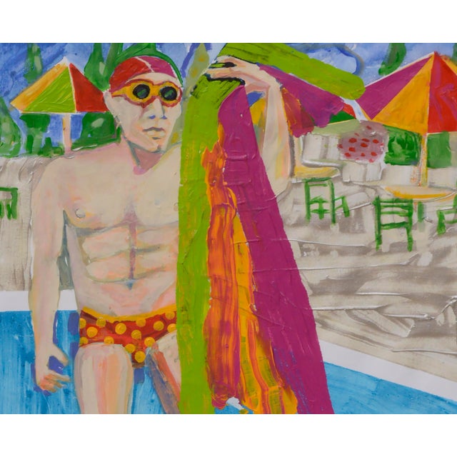 Fun and colorful acrylic painting on rag paper of a man poolside in a polka dot speedo with flippers, goggles, and towel...
