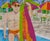 Fun and colorful acrylic painting on rag paper of a man poolside in a polka dot speedo with flippers, goggles, and towel...