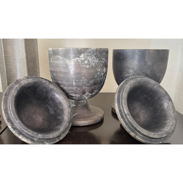 Transitional Pair of Solid Black Marble Covered Vessels For Sale - Image 3 of 5