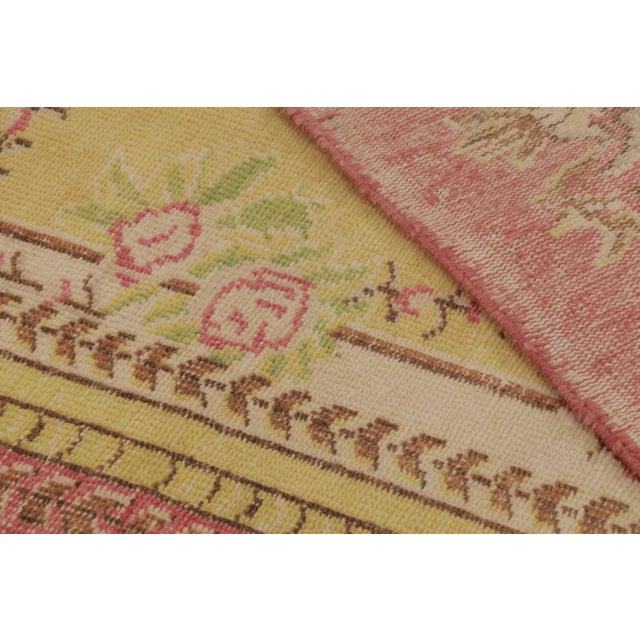 Yellow Vintage Distressed Rug in Gold and Rose With Floral Cartouches - Rug & Kilim For Sale - Image 8 of 9