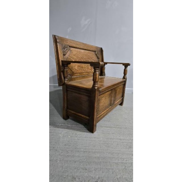 Vintage Oak Monks Bench, 1920 For Sale - Image 11 of 13