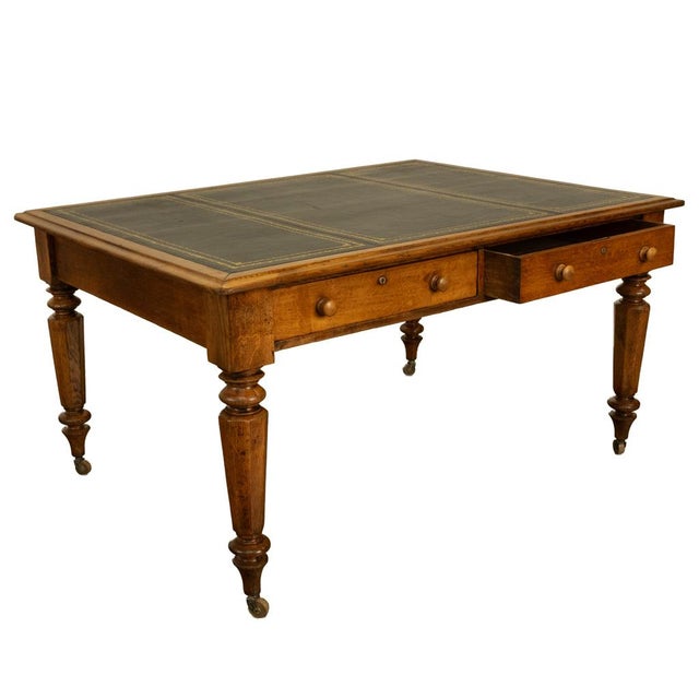 Mid 19th Century Antique English Oak & Leather Top Double-Sided Library Table Partner's Desk 1860 For Sale - Image 5 of 13