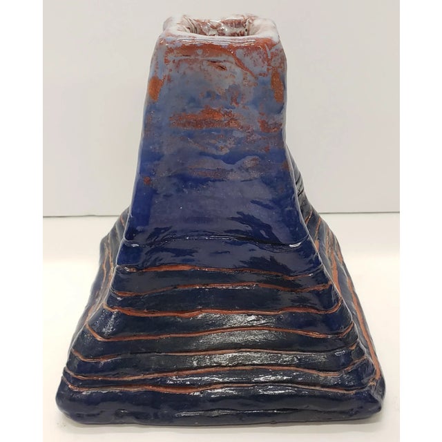 Circa 1970 Mid Century Modern Art Pottery Fat Lava Glazed Clay Pinched Banded Pyramid Vase For Sale - Image 4 of 7