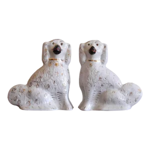 Large Staffordshire Spaniels, Gilt on Cream, 19th Century- a Pair