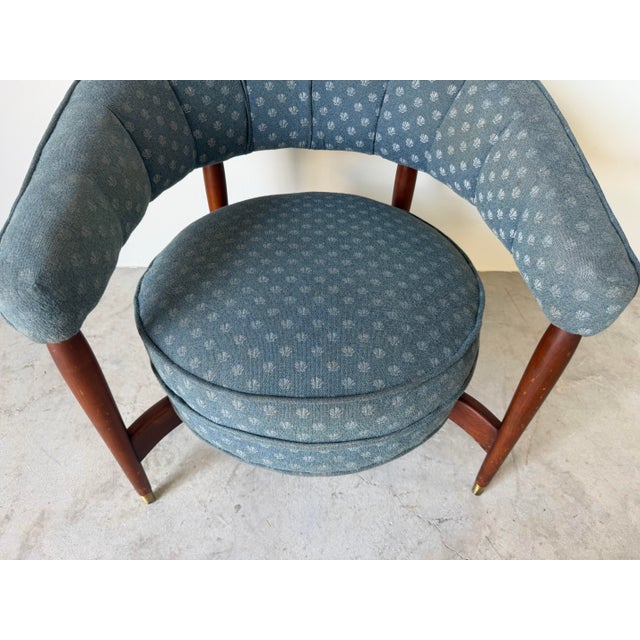 Teal 1960s Mid-Century Modern Floating Barrel Lounge Chair in Teal Upholstery With Walnut Frame & Brass Sabots For Sale - Image 8 of 12