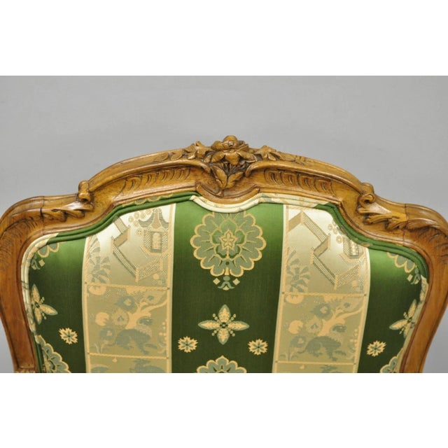 Early 20th Century Antique French Louis XV Style Green & Gold Walnut Fauteuil Arm Chairs - A Pair For Sale - Image 5 of 12